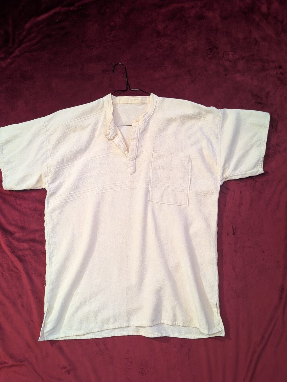 Vintage Cotton Linen Gauze Henley Shirt Short Sleeve Beach Boho Cream